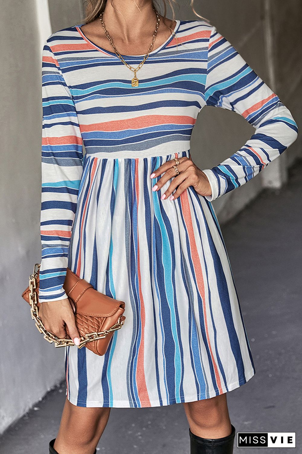 Color Block Stripes Long Sleeves Dress