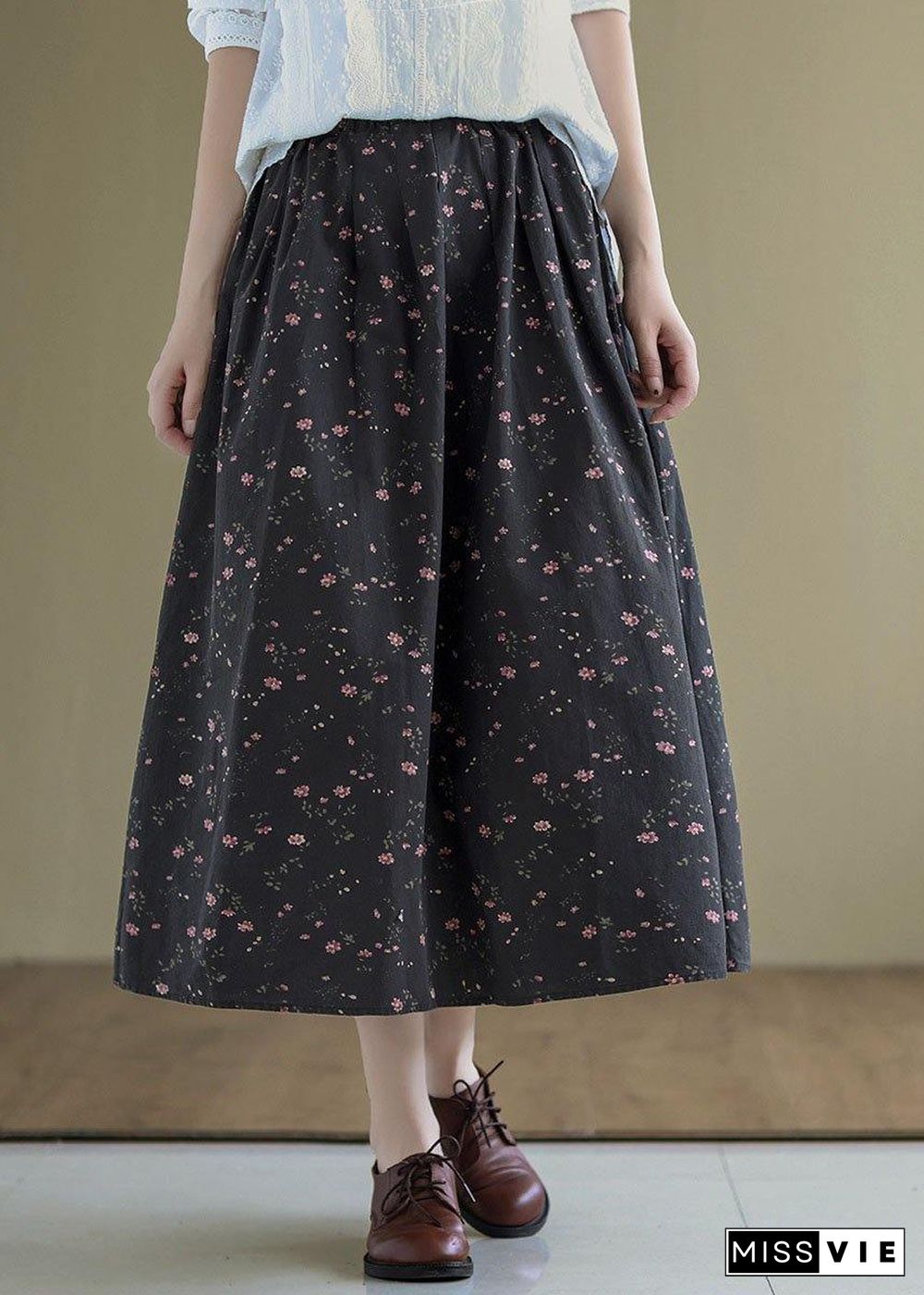 Italian Black Retro Print Summer Skirt Linen