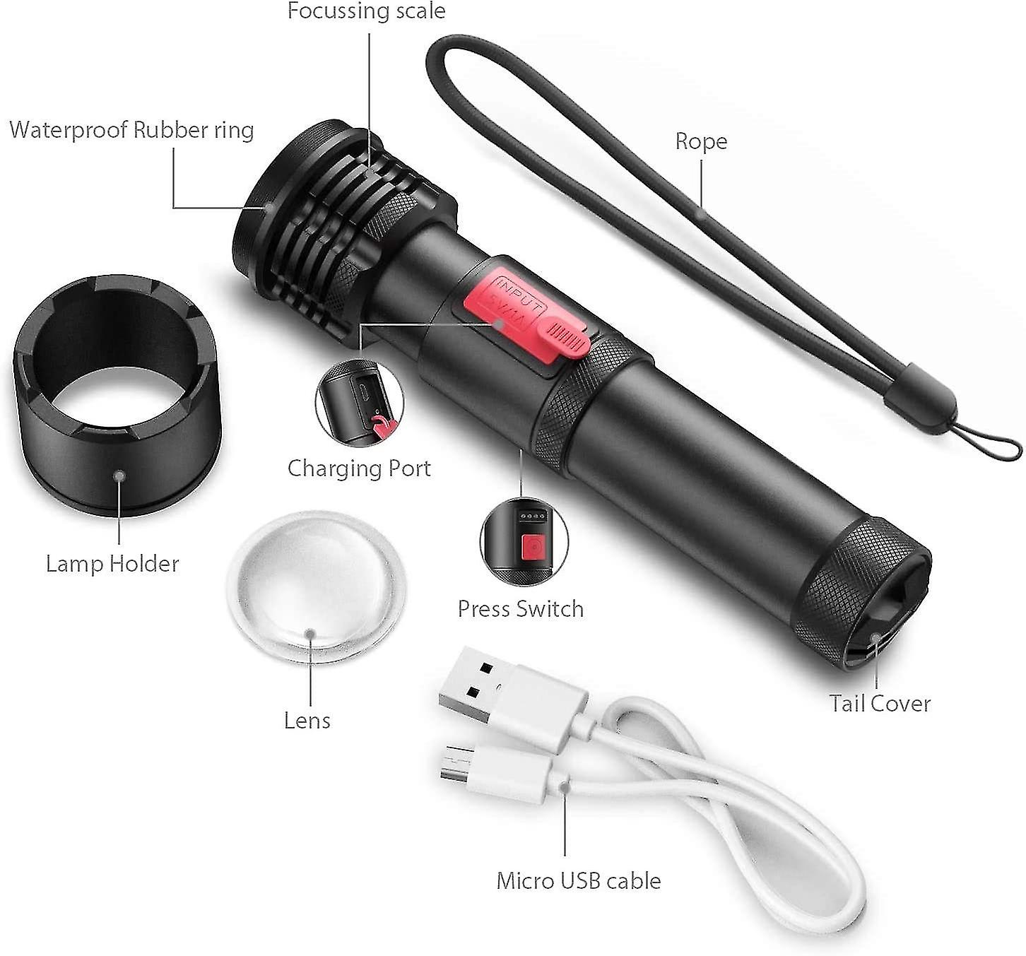 Rechargeable Led Flashlight， 3000 Lumens，ip65，5 Modes(with 5000mah Battery)