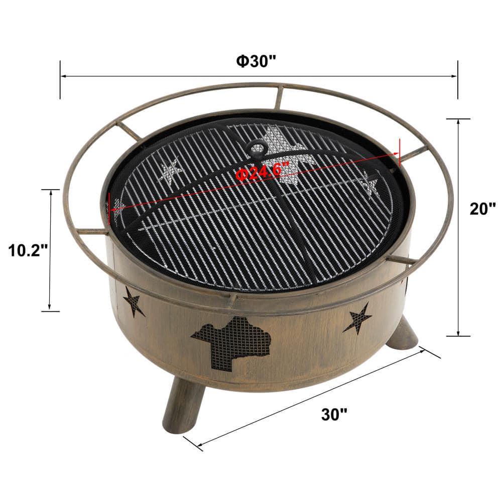 Nuu Garden 30 in Steel Round Fire Pit with PokerCoverCooking Grate in Camping Brown