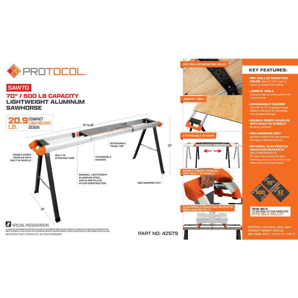 PROTOCOL 70 in. x 29 in. Expandable Lightweight Aluminum Sawhorse with 500 lbs. Capacity SAW70