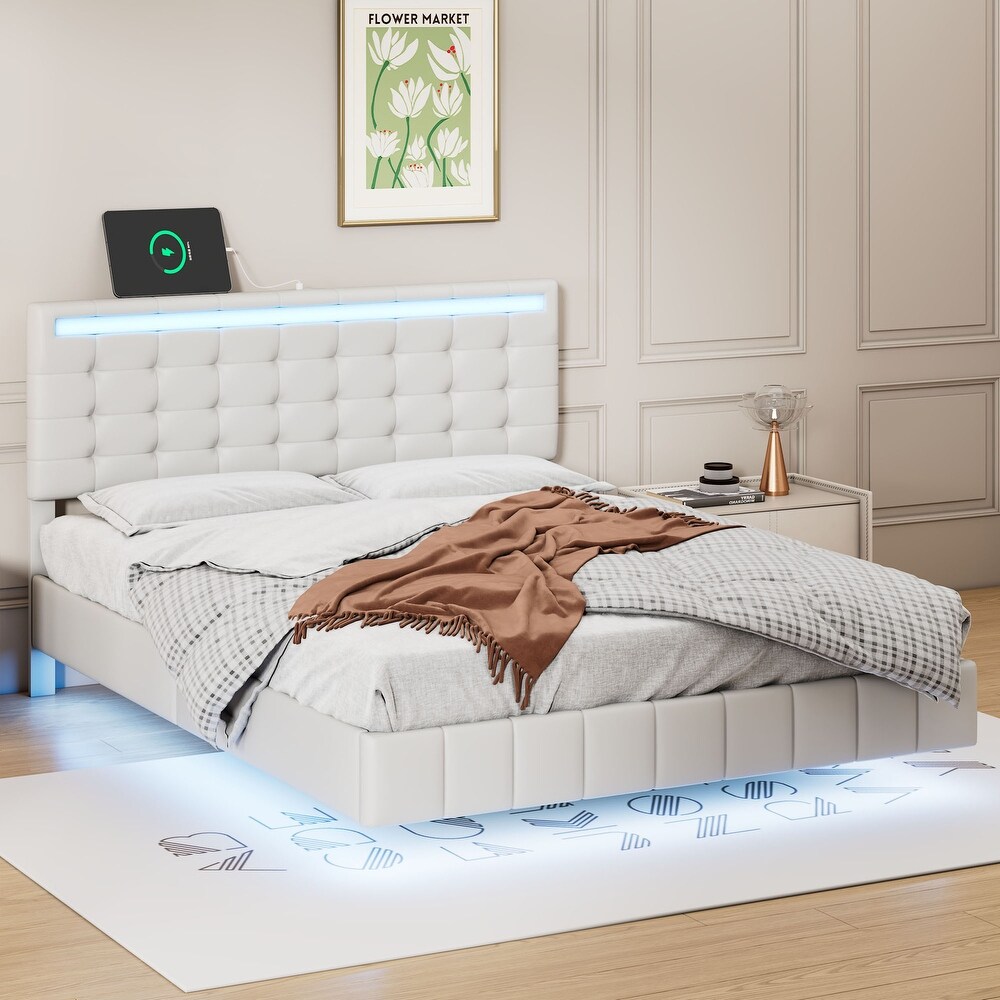 Floating Bed Frame with LED Lights and USB Charging Modern Upholstered Platform LED Bed Frame