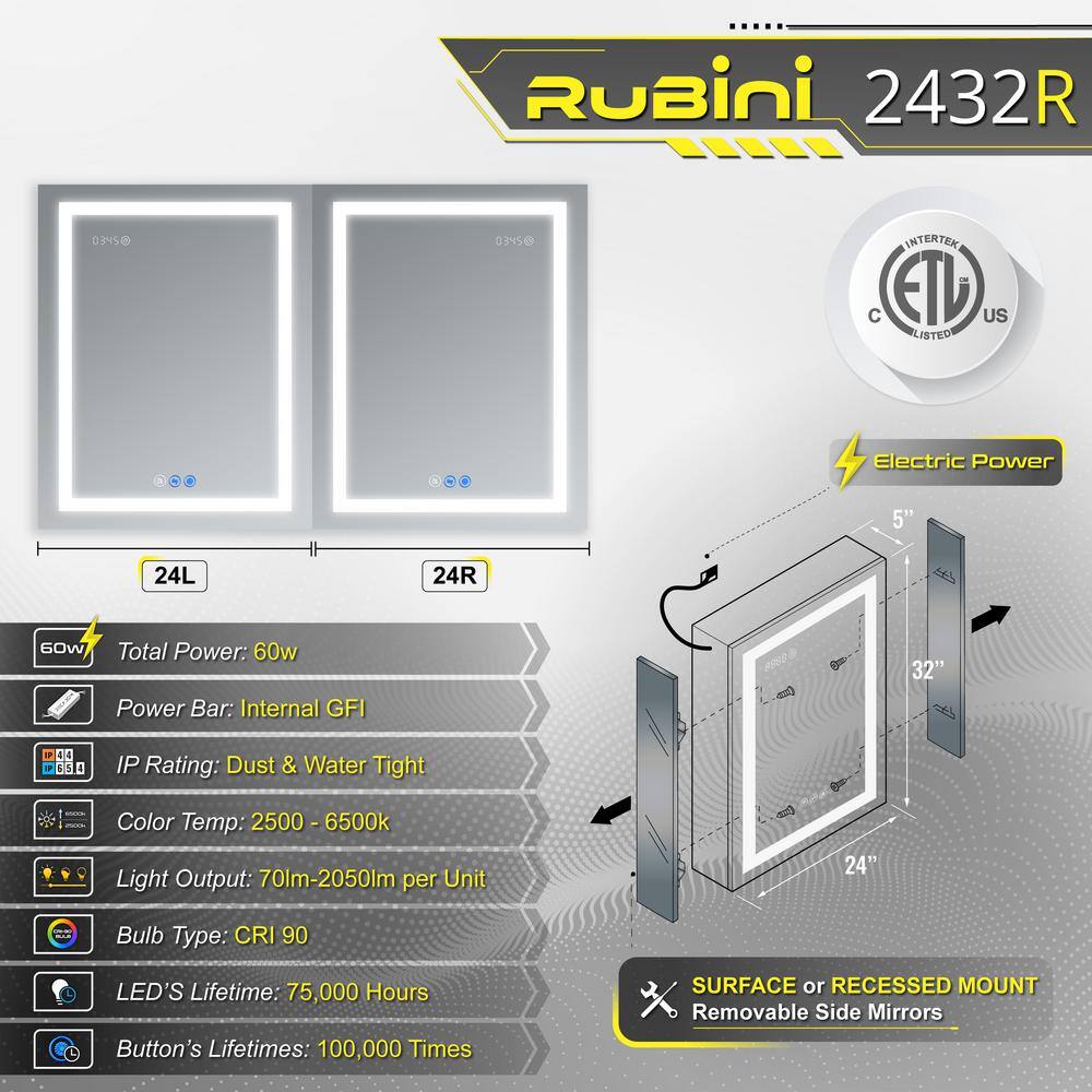 DECADOM RUBINI 24 in.W x 32 in.H LED Medicine Cabinet Recessed Surface Clock Dimmer Defogger Cosmetic Mirror Outlet USB R-Hinge RUBiNI 2432R