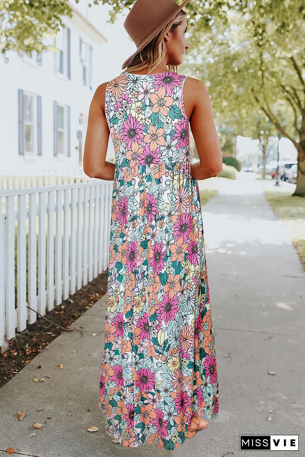 Multicolor Floral Print High Waist Sleeveless Maxi Dress