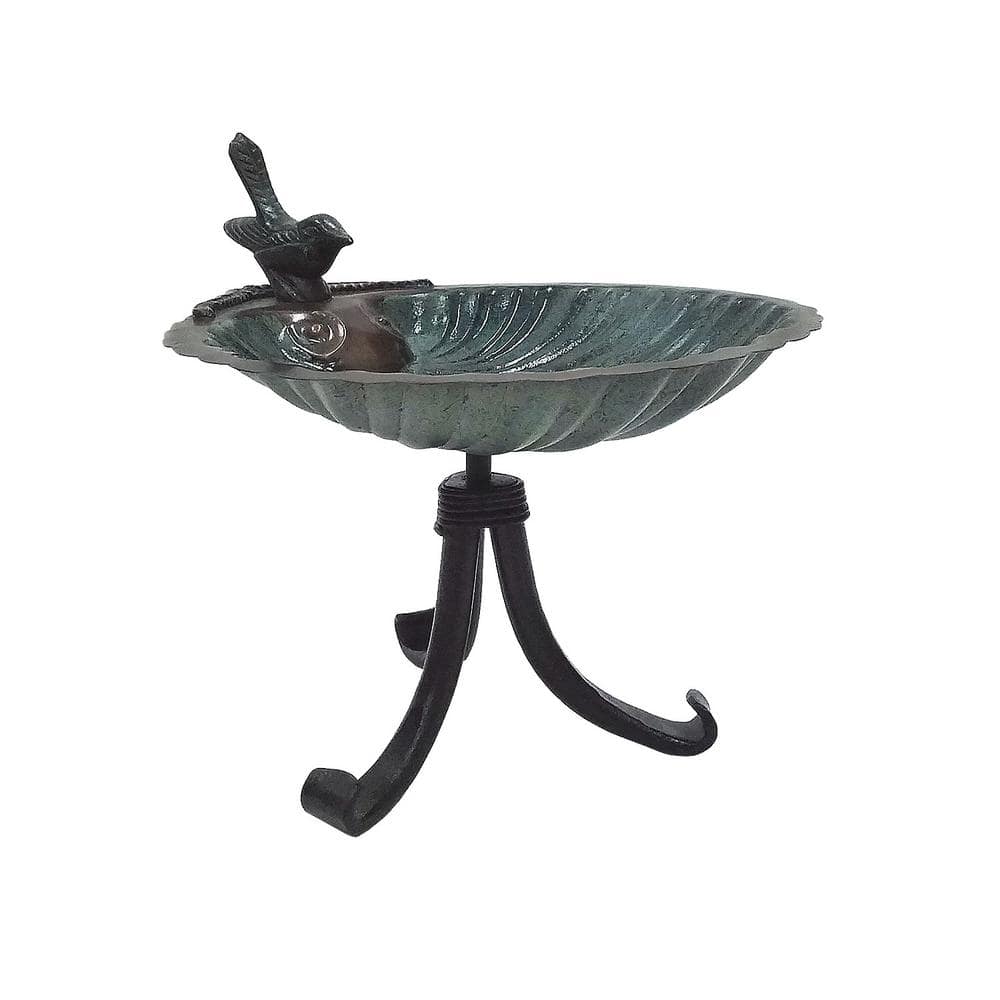 Achla Designs 10.75 in. Tall Antique Brass Plated Scallop Shell Birdbath with Tripod Stand BBM-01-TR