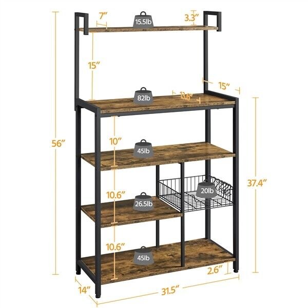 Kitchen Baker's Rack Microwave Stand with Storage Shelves and Metal Basket Hooks