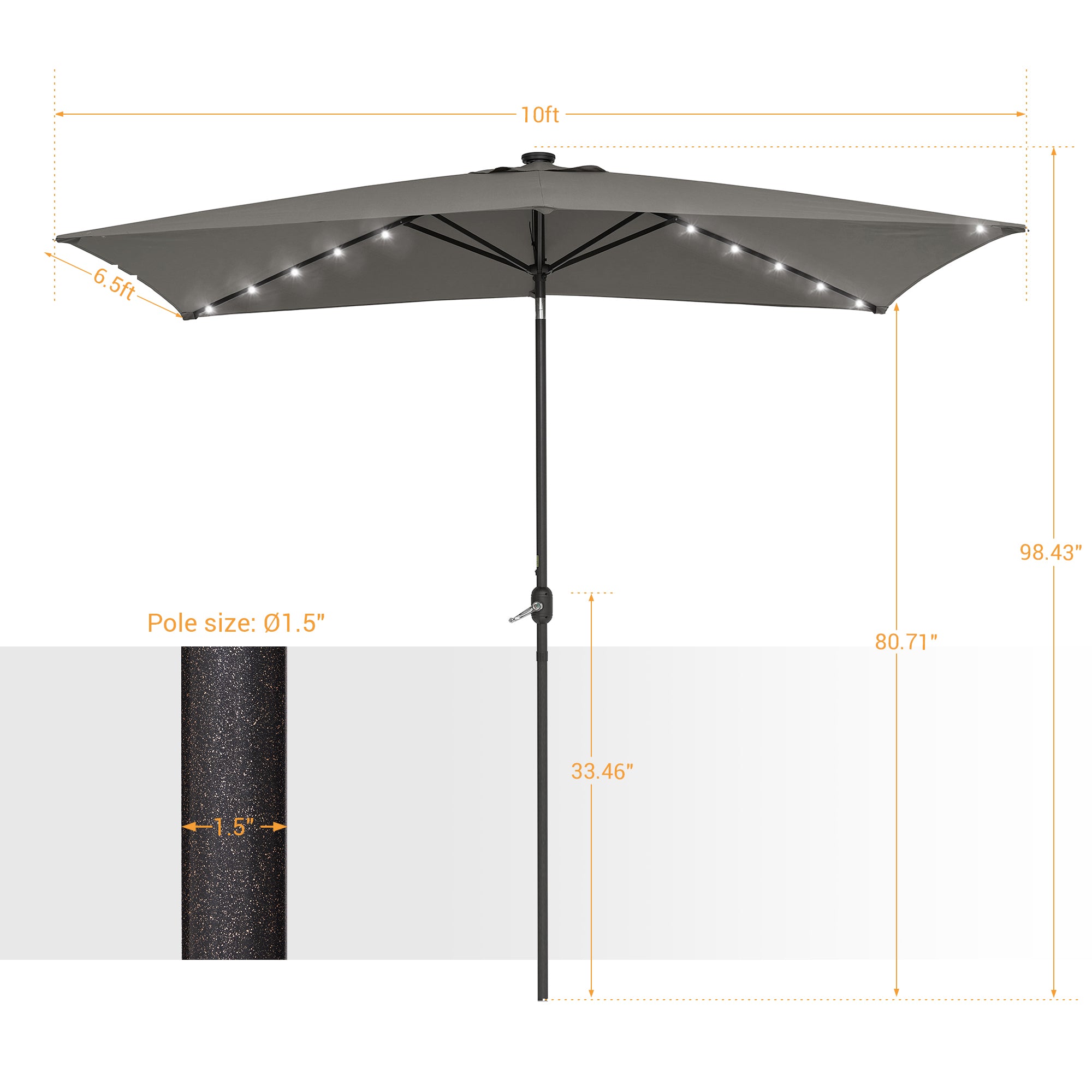 Sonerlic 10 x 6.5ft LED Solar Outdoor Patio Rectangle Table Umbrellas with Non-Fading Canopy for Garden and Yard,Gray