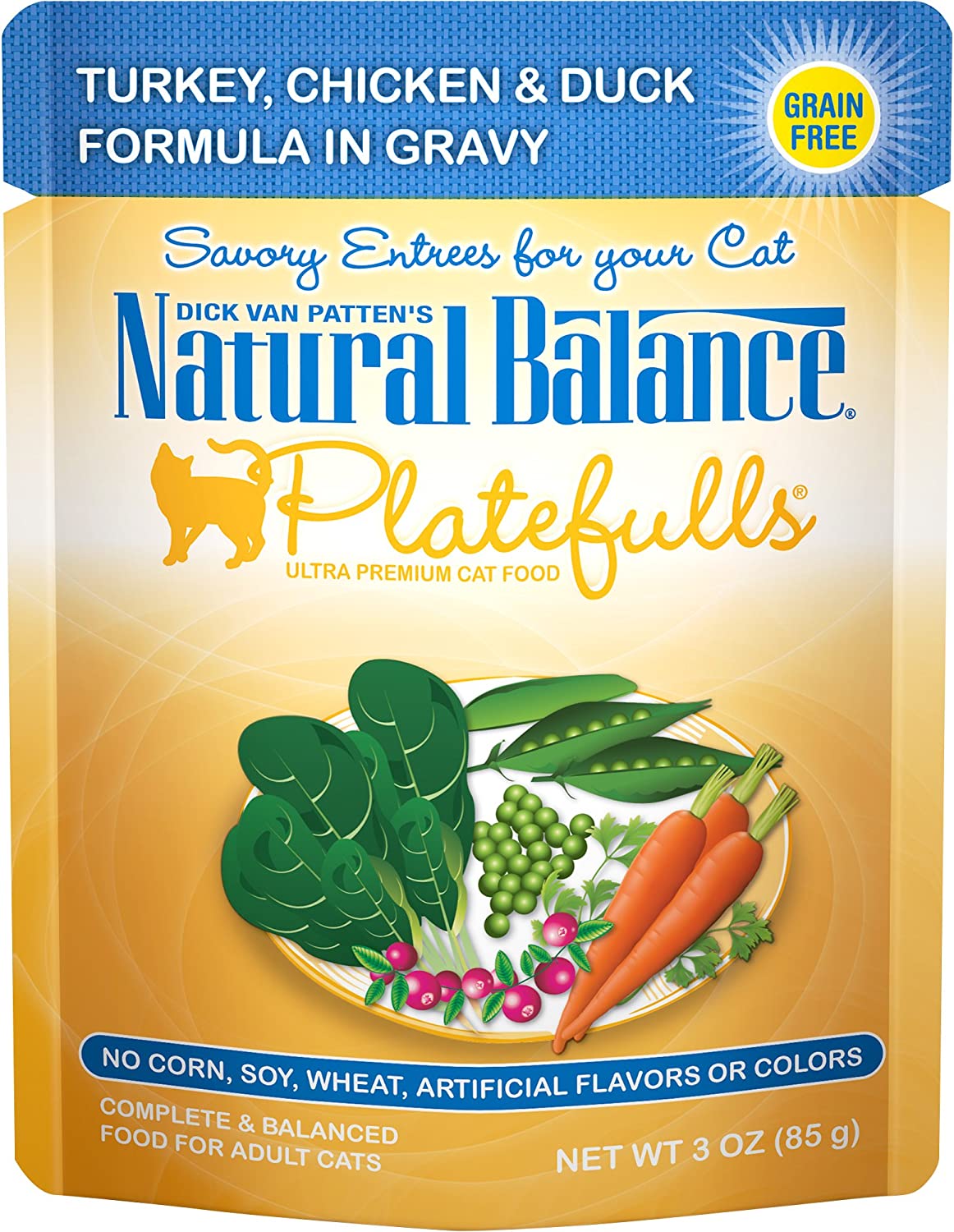 Natural Balance Platefulls Turkey， Chicken and Duck Formula in Gravy Grain-Free Cat Food Pouches 3-oz pouch case of 24