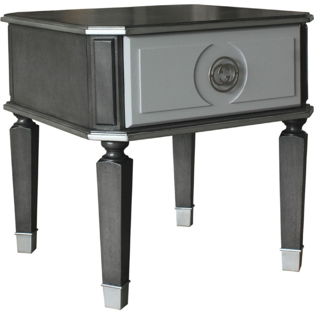 MDF End Table with 1 Drawer and Turned Tapered Legs - Gray and Silver - 24 L x 24 W x 24.21 H Inches