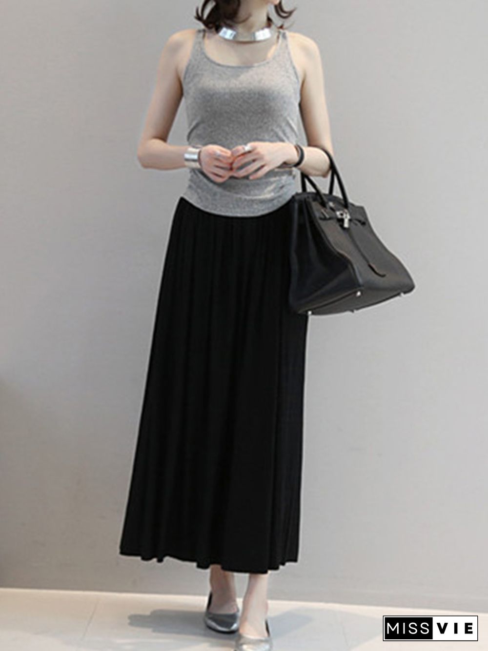 Casual Solid Color Elasticity Waist Pleated Skirts