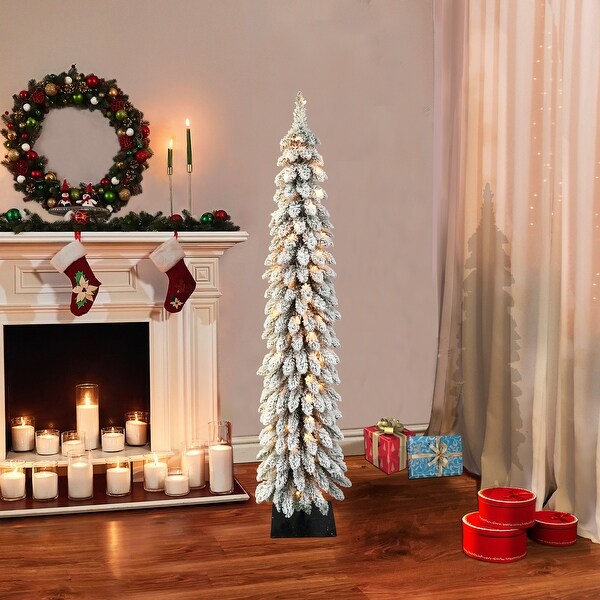 Puleo International PreLit 5' Flocked Pencil Alpine Artificial Christmas Tree