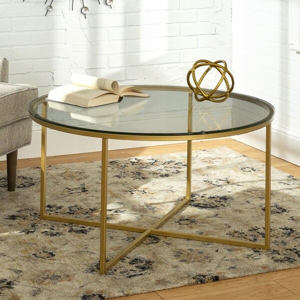 Modern Round Coffee Table， Glass/Gold