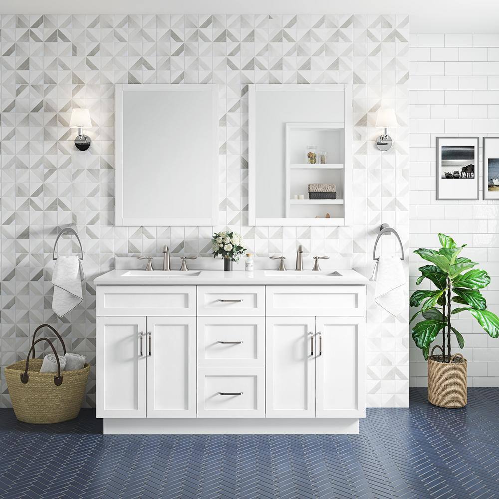 Home Decorators Collection Lincoln 60 in. W x 22 in. D x 34.5 in. H Bath Vanity in White with White Cultured Marble Top Lincoln 60W