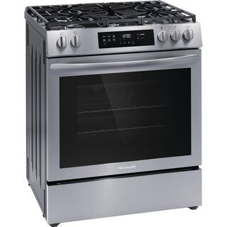 Frigidaire 30 in. 5 Burners Slide-In Front Control Gas Range with Convection in Stainless Steel FCFG3083AS