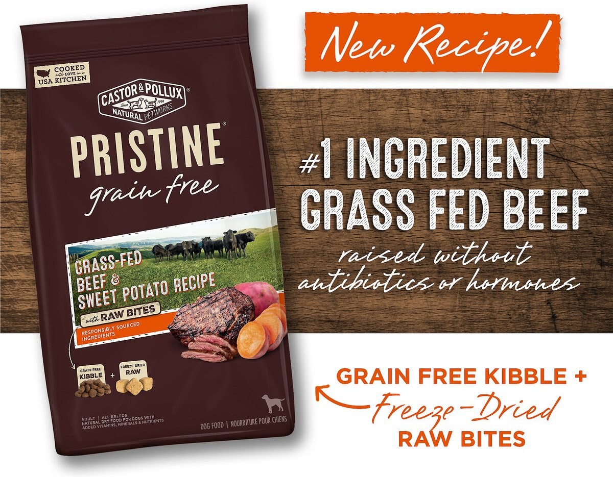 Castor and Pollux Pristine Grain-Free Grass-Fed Beef and Sweet Potato Recipe with Raw Bites Dry Dog Food