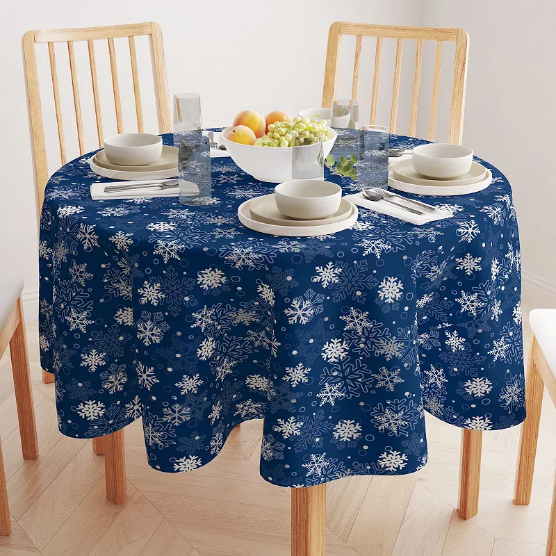 Round Tablecloth， 100% Polyester， 90 Round， Winter Blue Snowflakes