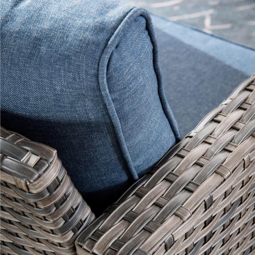 OVIOS New Vultros Gray 2Piece Wicker Outdoor Lounge Chair with Blue Cushions