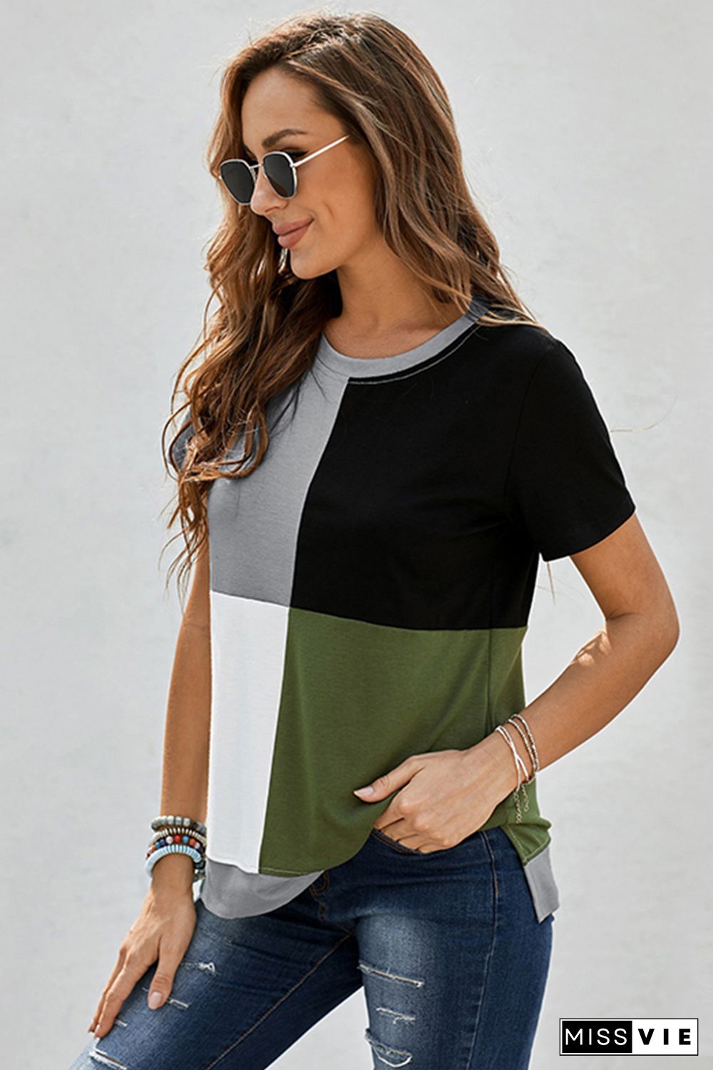 Army Green Colorblock T-shirt with Slits