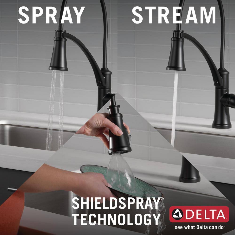 Delta Foundry Single-Handle Pull-Down Sprayer Kitchen Faucet with ShieldSpray and Soap Dispenser in Matte Black 19744Z-BLSD-DST