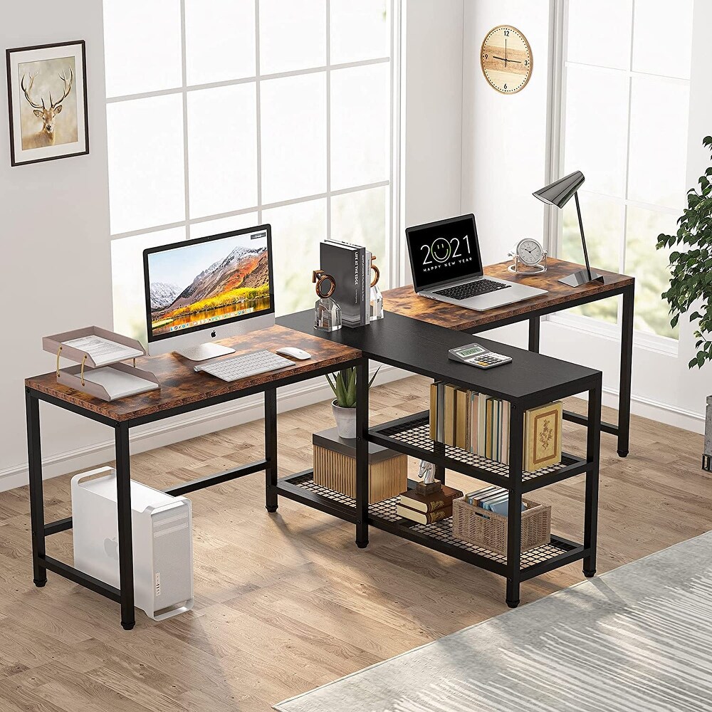 94.5 inch Double Computer Desk with Storage Shelves  Two Person Desk