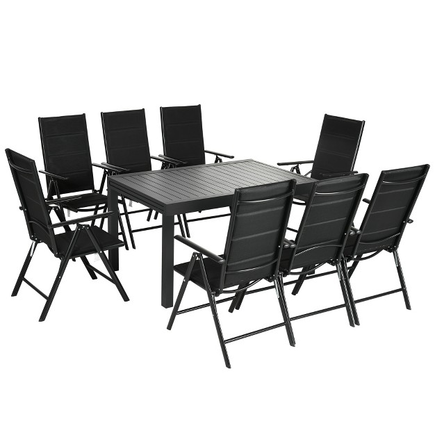 Outsunny 9 piece Patio Dining Set For 8 Expandable Outdoor Table Folding And Reclining Padded High Back Chairs Aluminum Frames Mesh Seats Black