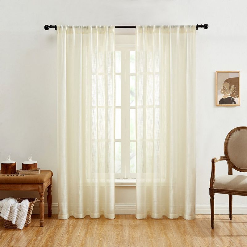 THD Linda Faux Linen Textured Semi Sheer Window Rod Pocket Thick Curtains Drapery Panels， Pair