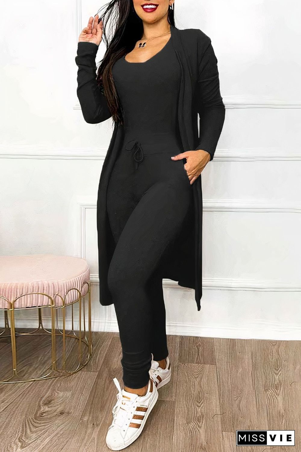 Solid Drawstring Waist Slant Pocket Jumpsuit & Coat Set