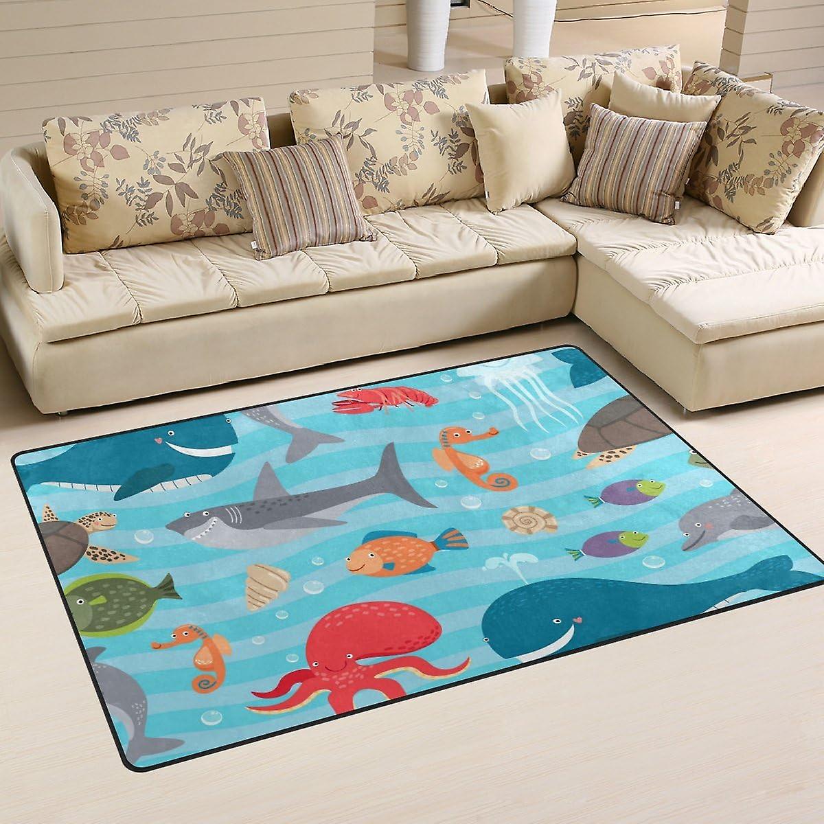 Colourlife Lightweight Carpet Mats Area Soft Rugs Floor Mat Doormat Decoration For Rooms Entrance 31 X 20 Inches Sea Creatures On Blue Waves