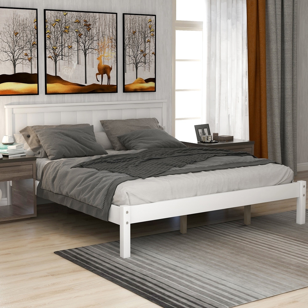 Modern   Rustic Wooden Platform Bed with Headboard  Solid Wood Bedframe with Wood Slat Support  Space Saving/No Box Spring Need