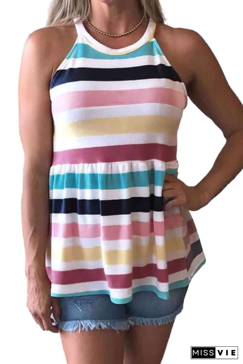 Multicolor Colorful Striped Ruffle Halter Camisole