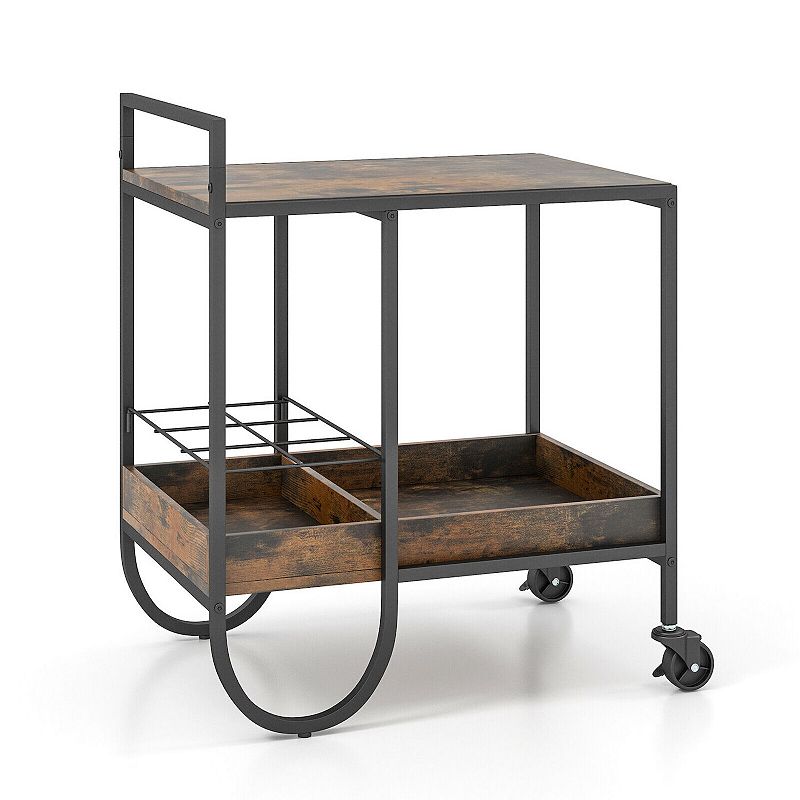 Rolling Buffet Serving Cart With Removable Metal Wire Wine Rack-brown