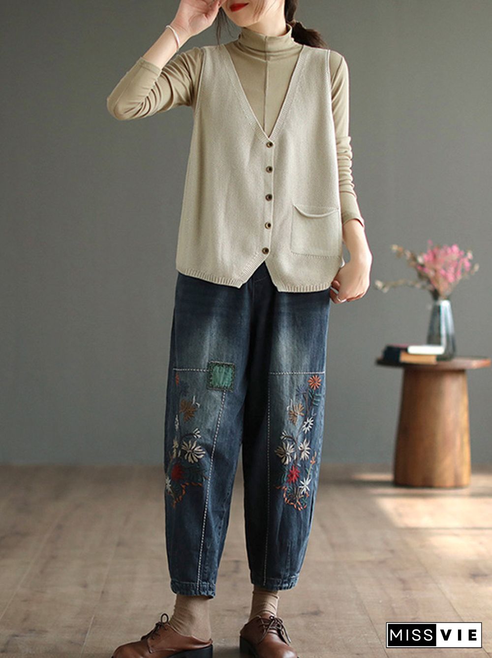 Vintage Loose Embroidered Elasticity Harem Jean Pants Bottoms