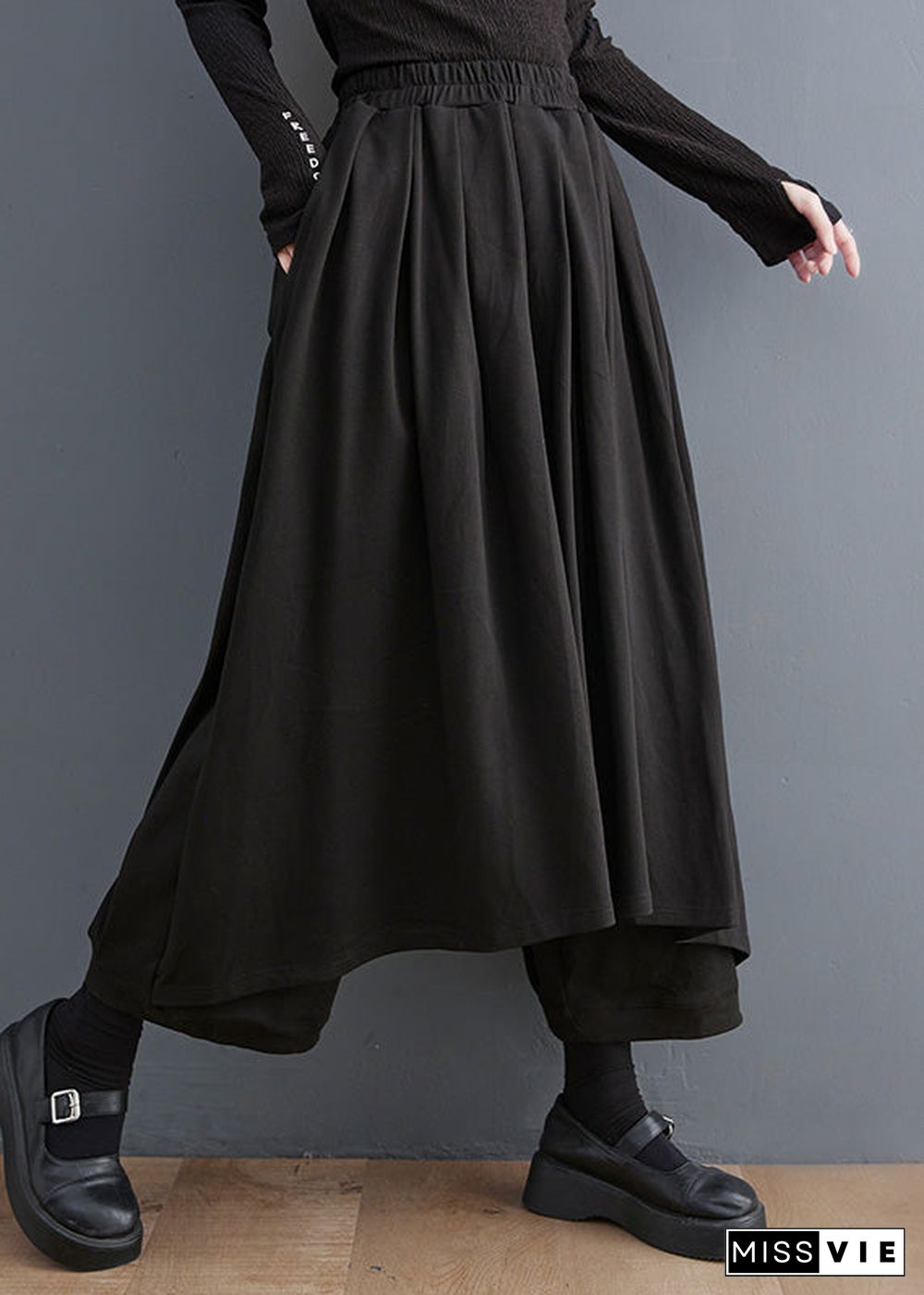 Casual Black Elastic Waist Pockets Solid Wide Leg Pants Skirt Summer