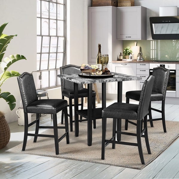 5 piece kitchen table， faux marble countertop， bottom shelf and 4 black leather upholstered chairs