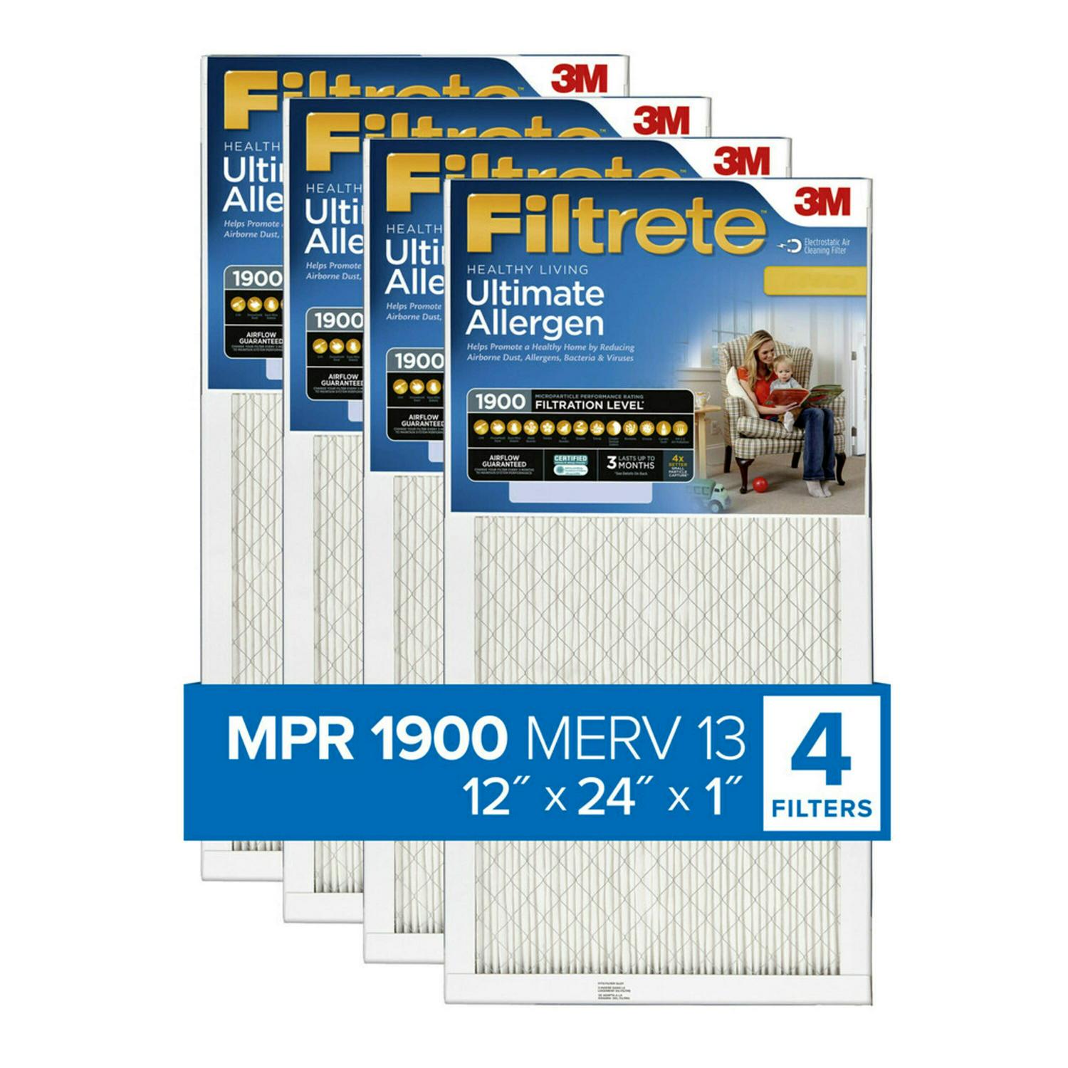 Filtrete by 3M， 12x24x1， MERV 13， Ultimate Allergen Reduction HVAC Furnace Air Filter， Captures Allergens， Bacteria， Viruses， 1900 MPR， 4 Filters