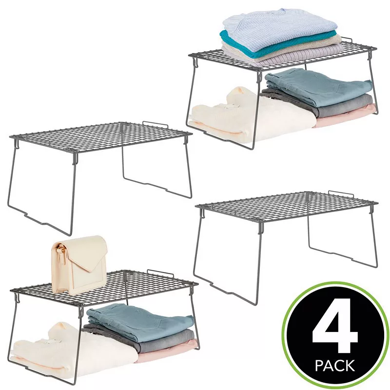 mDesign Classico Metal Stackable Closet Storage Organizer Shelf， 4 Pack