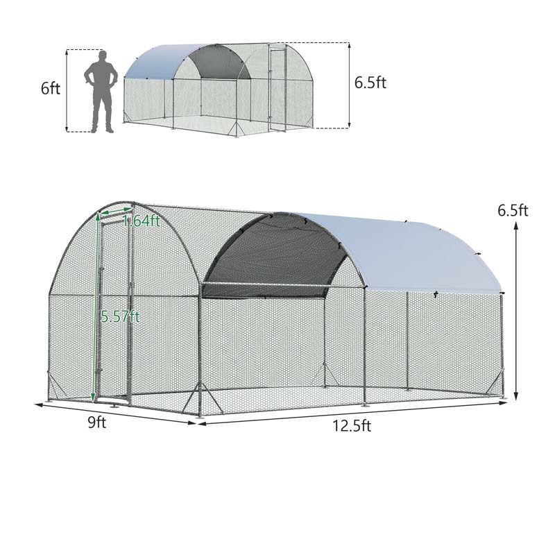 12.5 FT Large Metal Chicken Coop Walk-in Dome Poultry Cage Hen Run House Rabbits Habitat Cage with Cover