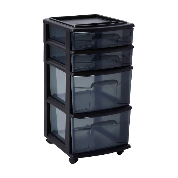 Homz Tall Solid Plastic Versatile 4 Drawer Medium Home Storage Cart With 4 Caster Wheels For Home Office Dorm And Classroom Black 2 Pack