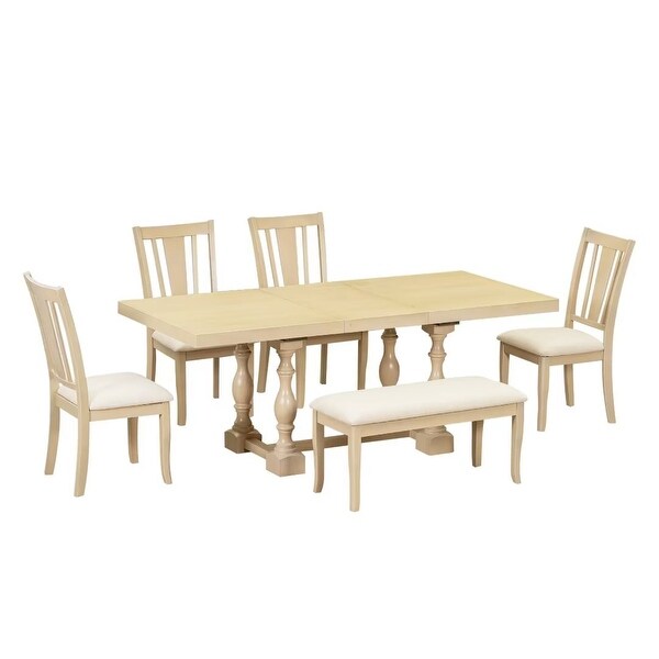 Extendable Dining Table Set with Removable Leaf，Padded Chairs and Bench