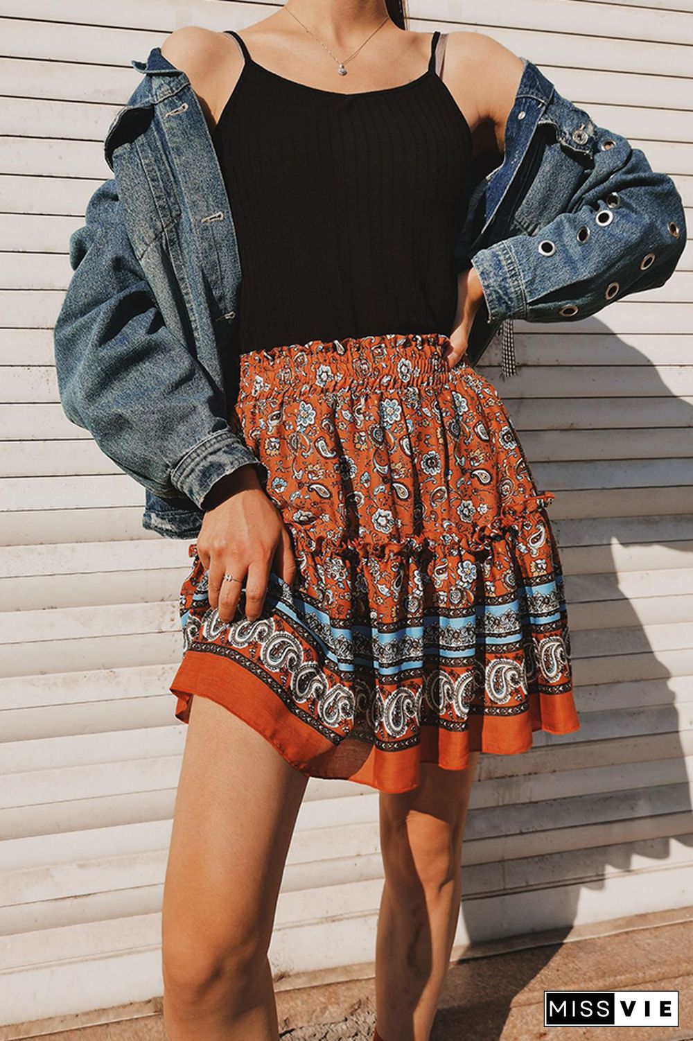 Printed Bohemian National Lotus Leaf Skirt