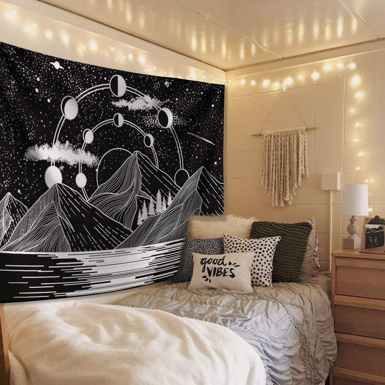 Mountain Moon Tapestry Stars River Black And White Art Tapestry Wall Hanging Home Decor (60