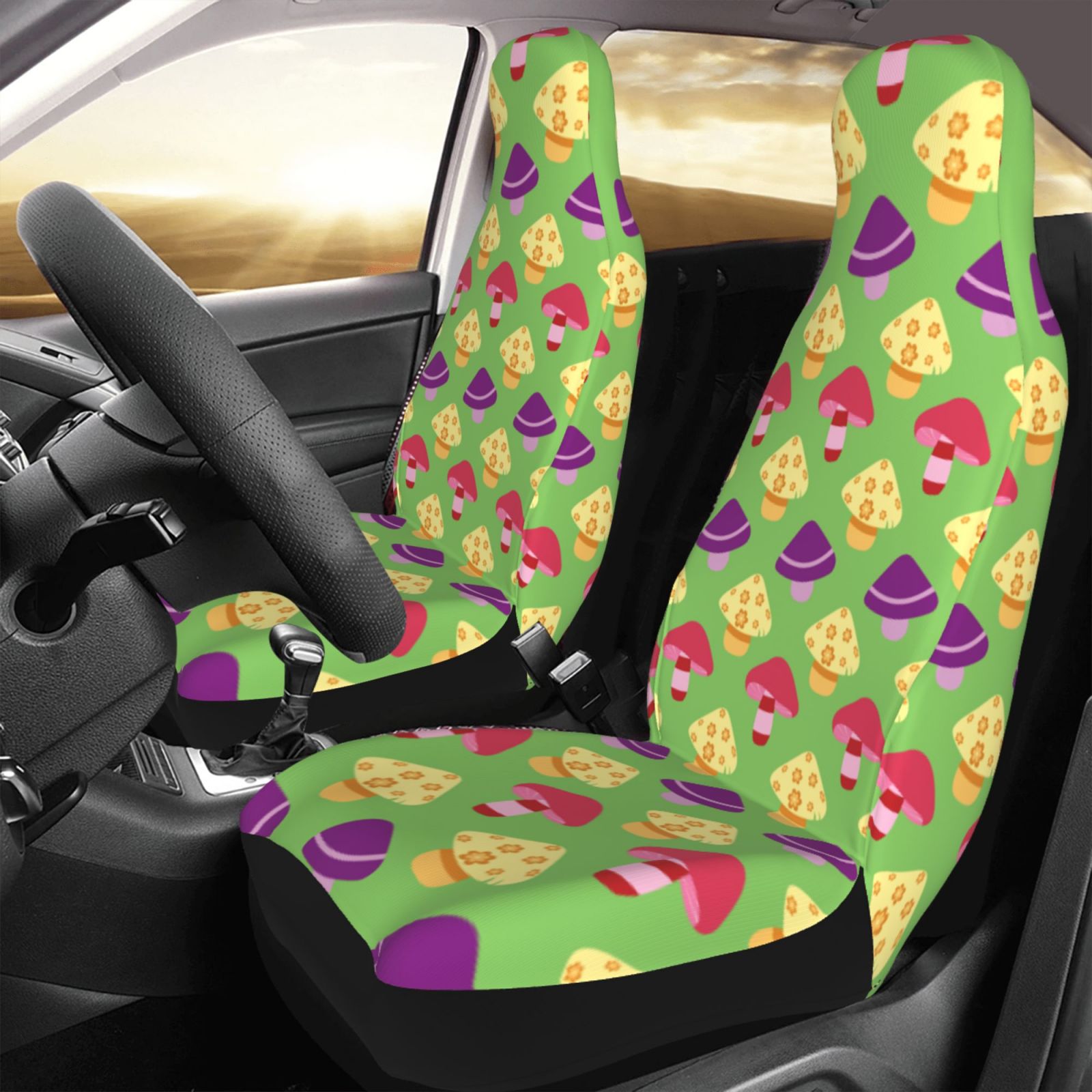 TEQUAN Front Seat Covers， Colorful Fungi Mushrooms Pattern 2 Piece Car Seat Cover Fit Most Car SUV Truck Van