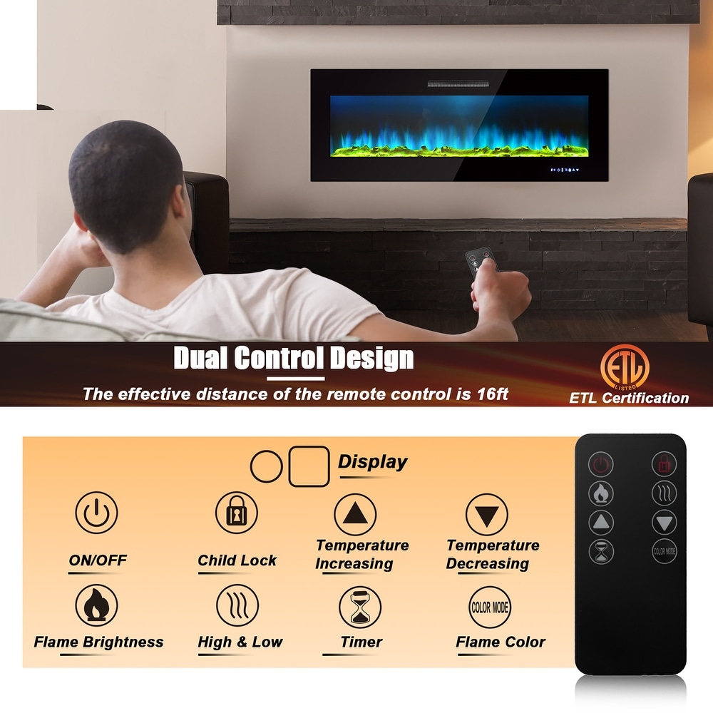 50 or 60 Inch Electric Recessed and Wall Mounted Fireplace w Remote