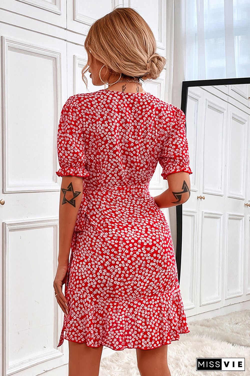 Wrap V Neck Waist Tie Floral Mini Dress