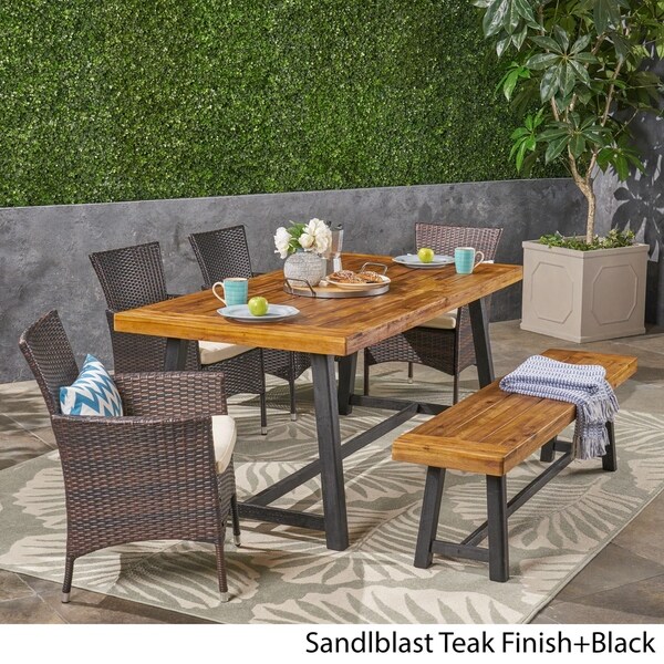 Boden Outdoor 6 Piece Wood and Wicker Dining Set with Chairs and Bench by Christopher Knight Home