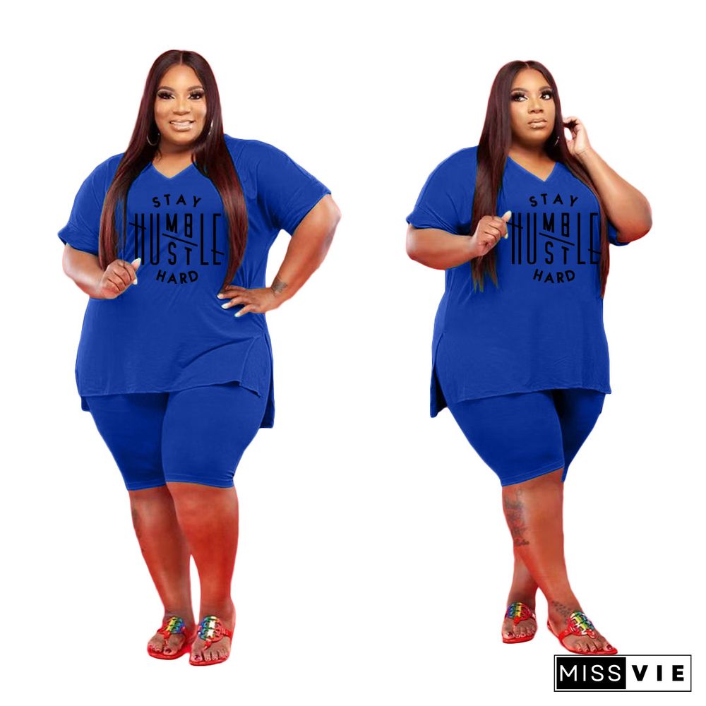 Plus Size Women Short Sleeve V Neck T-Shirt Knee Length Shorts Summer Clothes Two Piece Matching Set