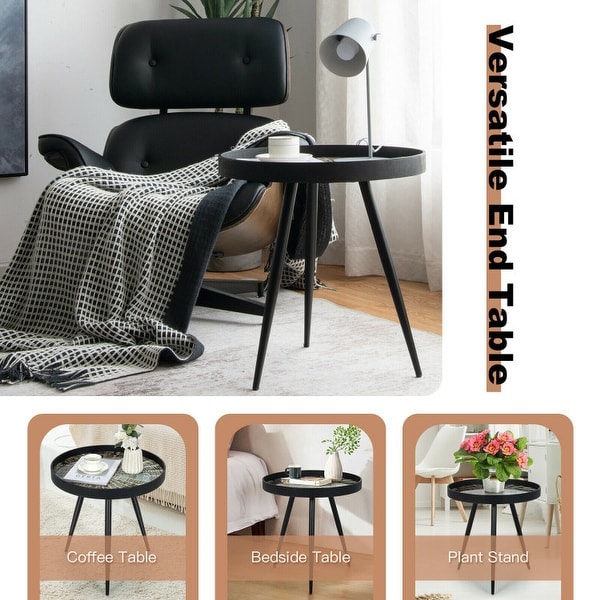 Modern Round End Table with Wooden Tray Top for Living Room Bedroom