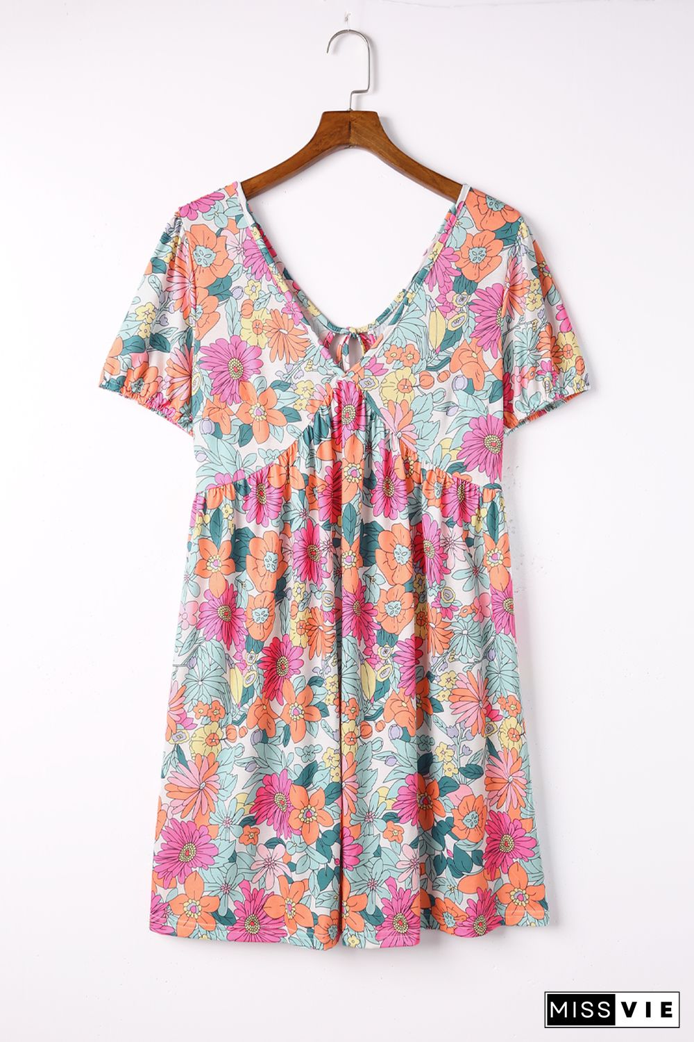 Multicolor Floral Print Tie Back Short Sleeve Dress