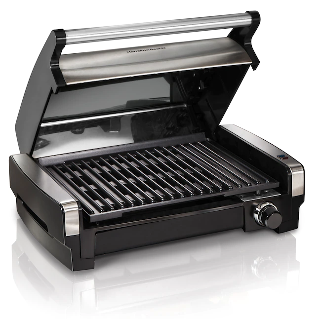 Hamilton Beach Electric Indoor Searing Grill Removable Easy - 12.5-in L x 9.6-in W Non-Stick Contact Grill， 6-Serving， Extra-Large Drip Tray， Stainless Steel (25360)