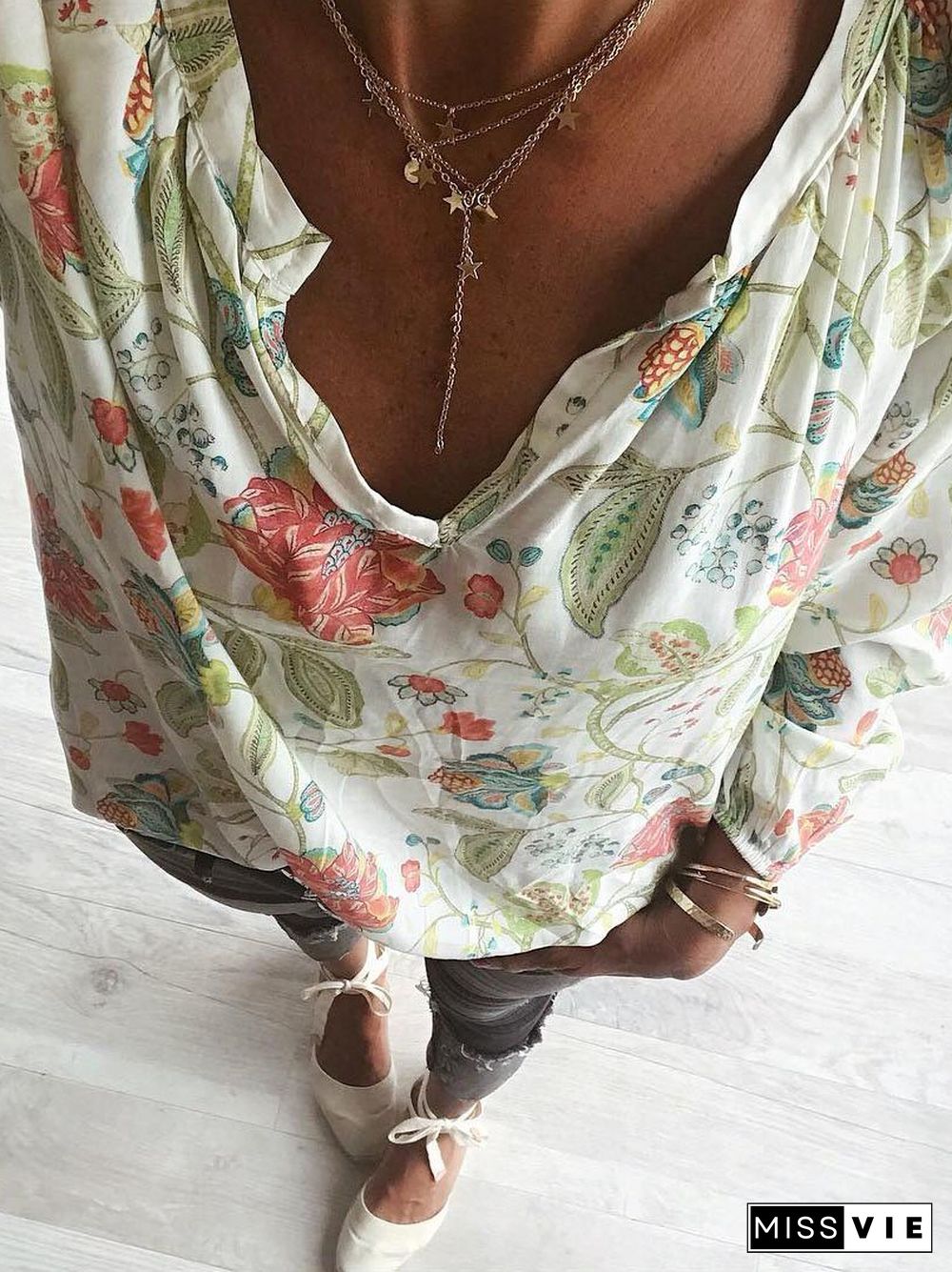 Floral-Print V Neck Long Sleeve Tops